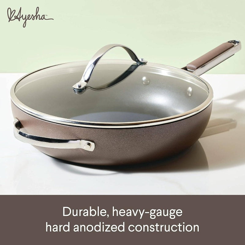 Curry Kitchenware 80293 Professional Hard Anodized Nonstick Deep Frying Pan\u002FSkillet with Lid And Helper Handle, 12.25 Inch - Charcoal Color