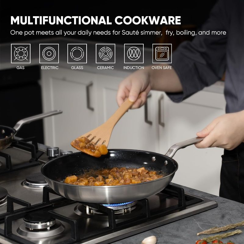 5-Ply Ceramic Non-Stick Frying Pans - 8-Inch Stainless Clad Nonstick Skillet, Professional Cookware Induction, All Stoves And Oven