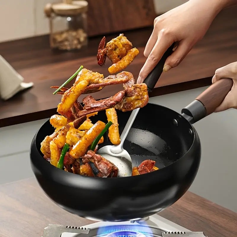 1pc Suntuup Japanese Iron Pan, 9.45 Inch Japanese Uncoated Iron Frying Pan, Small Cast Iron Frying Pan, Wok for Cooker Gas Stir Fry Pans Round Bottom with Wood Lid Suitable for Induction And Gas Stoves, Home Kitchen Cookware