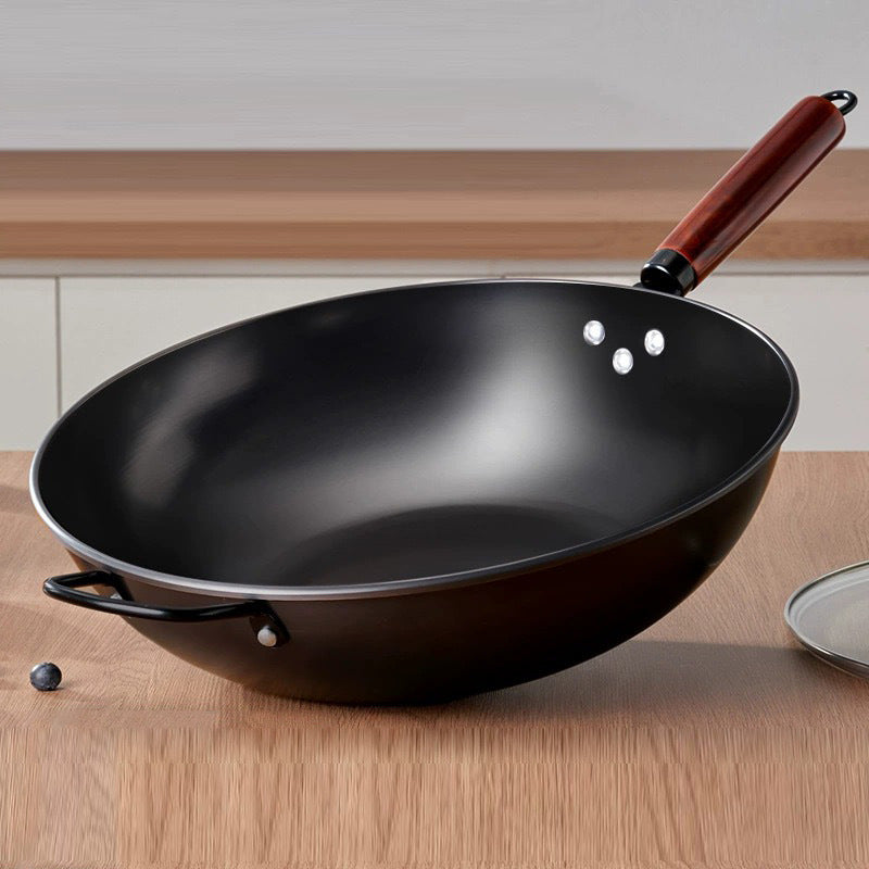 12.6-inch Cast Iron Wok with Stainless Steel Handle - Rust-Free Seasoning, Heat-Resistant & Anti-Slip Design for Gas Stoves, Outdoor Cooking & Kitchen Use