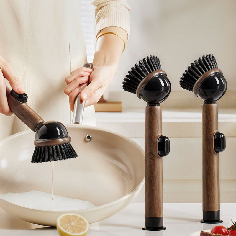 Suction Cup Vertical Pot Brush, with Wood Grain Handle | Long Handle Bowl Brush, Can Stand on Countertop, Multi-Purpose Kitchen Cleaning Tool: Ideal for Cleaning Pots, Utensils, Sinks, Stoves