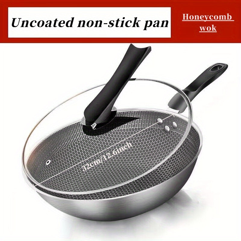 Stainless Steel Thickened Honeycomb Wok with Lid, Non-Stick, Less Smoke, Thickened Three-Layer Steel, Household Multi-Functional Cooking Wok, Non-Stick Wok, 12.6inch Honeycomb Frying Wok with Gift Box