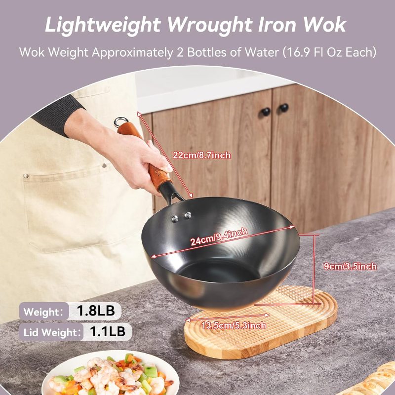 Carbon Steel Wok Pan with Lid, 9.8 Inch Deep Flat Bottom Wok, Coating-Carbon Steel Pan Stir Fry, Soup, Noodles, Braising Boiling, Small Induction Wok with Wooden Handle