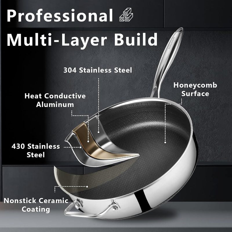 12 Inch Frying Pan Nonstick with Lid, 5.6QT Hybrid Ceramic Deep Saute Pan Skillet, Ply Stainless Steel Even Heat, PFOA\u002FPFOS Induction Oven Safe