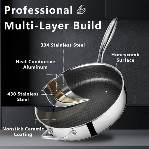 12 Inch Frying Pan Nonstick with Lid, 5.6QT Hybrid Ceramic Deep Saute Pan Skillet, Ply Stainless Steel Even Heat, PFOA\u002FPFOS Induction Oven Safe