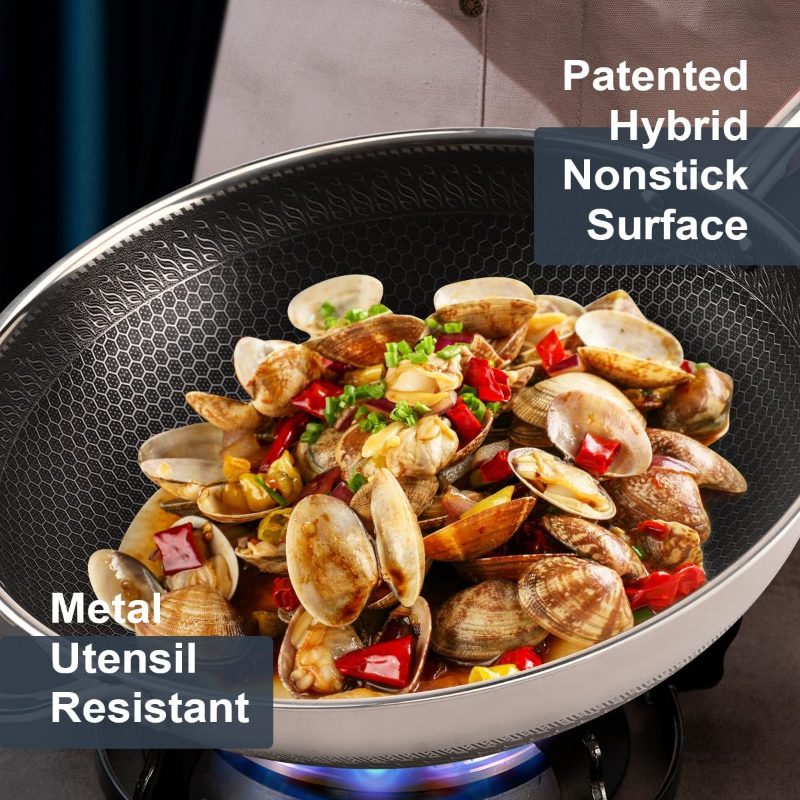 Ply Stainless Steel Wok with Lid, 13.5'' PFOA Nonstick Stir Fry Pan, Induction Compatible, Dishwasher and Oven Safe, Scratch-resistant Surface