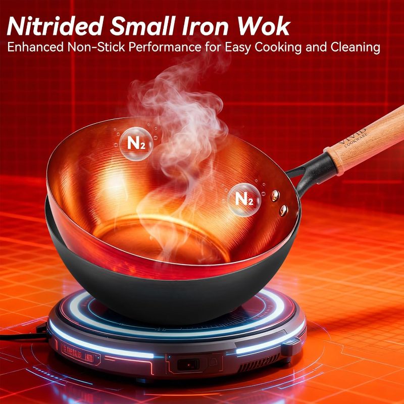 Carbon Steel Wok Pan with Lid, 9.8 Inch Deep Flat Bottom Wok, Coating-Carbon Steel Pan Stir Fry, Soup, Noodles, Braising Boiling, Small Induction Wok with Wooden Handle