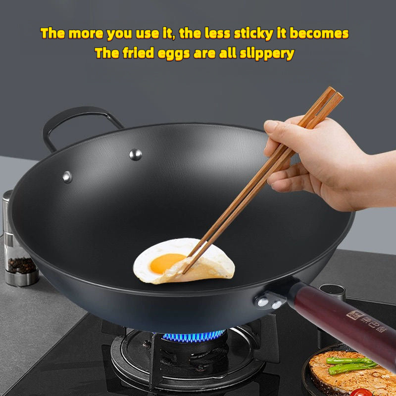 12.6-inch Cast Iron Wok with Stainless Steel Handle - Rust-Free Seasoning, Heat-Resistant & Anti-Slip Design for Gas Stoves, Outdoor Cooking & Kitchen Use
