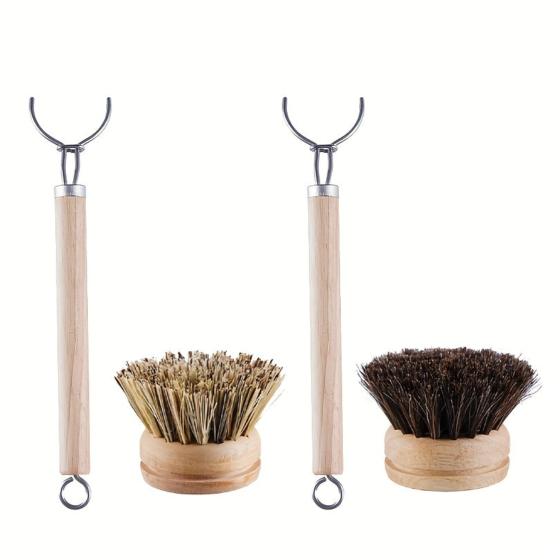 4pcs Horsehair Replaceable Pot Brush Long Handle Removable Pot Brush Brush Natural Sisal Soft Bristle Pot Brush Coconut Palm Cleaning Brush