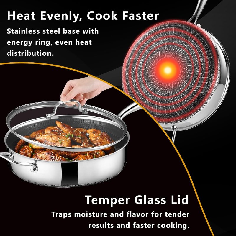 12 Inch Frying Pan Nonstick with Lid, 5.6QT Hybrid Ceramic Deep Saute Pan Skillet, Ply Stainless Steel Even Heat, PFOA\u002FPFOS Induction Oven Safe