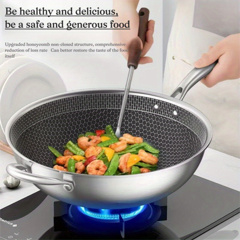 Stainless Steel Thickened Honeycomb Wok with Lid, Non-Stick, Less Smoke, Thickened Three-Layer Steel, Household Multi-Functional Cooking Wok, Non-Stick Wok, 12.6inch Honeycomb Frying Wok with Gift Box