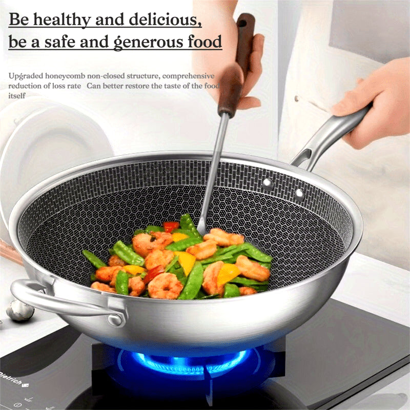 Stainless Steel Thickened Honeycomb Wok with Lid, Non-Stick, Less Smoke, Thickened Three-Layer Steel, Household Multi-Functional Cooking Wok, Non-Stick Wok, 12.6inch Honeycomb Frying Wok with Gift Box