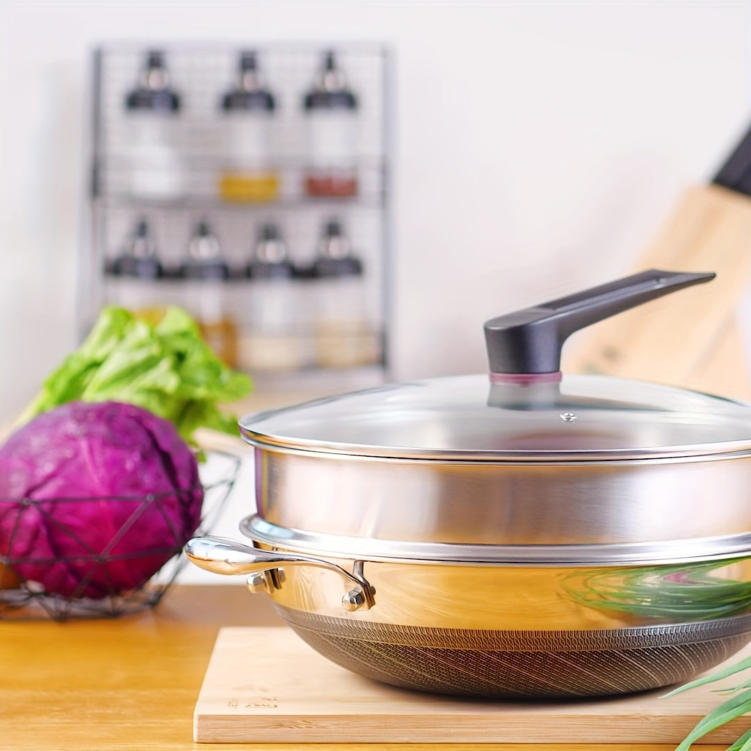 13-Inch Hybrid Stainless Steel Wok with Standing Lid & Spatula - Premium 316 Honeycomb Nonstick Stir Fry Pan, Metal Utensil Safe (Induction\u002FGas)