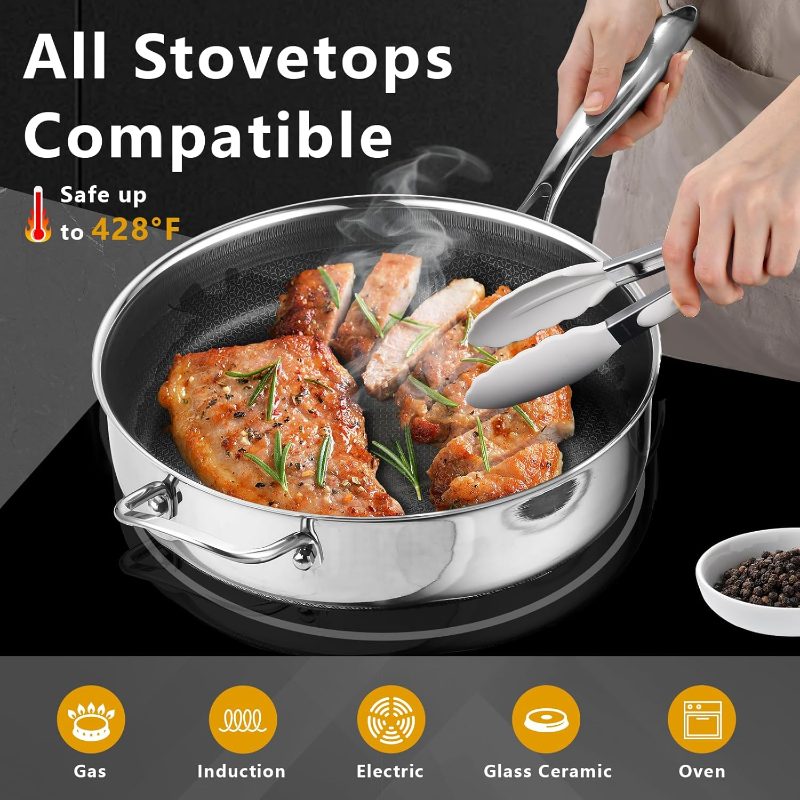 12 Inch Frying Pan Nonstick with Lid, 5.6QT Hybrid Ceramic Deep Saute Pan Skillet, Ply Stainless Steel Even Heat, PFOA\u002FPFOS Induction Oven Safe