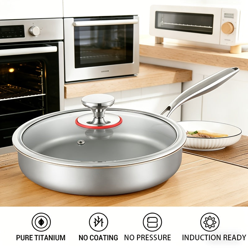 Pure Titanium Frying Pan With Glass Lid Healthy Non Stick Skillet No Coating Induction And Gas Stove Safe Durable Scratch Resistant Titanium Cookware Easy To Clean Perfect For Breakfast Lunch Dinner Sauteing Searing And Family Meals