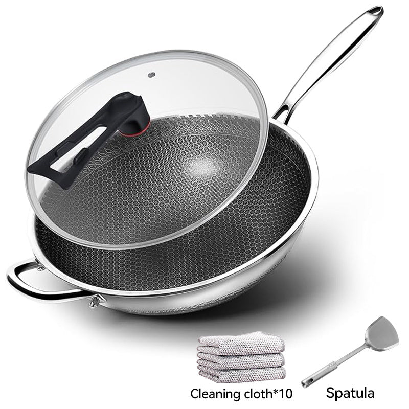 13-Inch Hybrid Stainless Steel Wok with Standing Lid & Spatula - Premium 316 Honeycomb Nonstick Stir Fry Pan, Metal Utensil Safe (Induction\u002FGas)