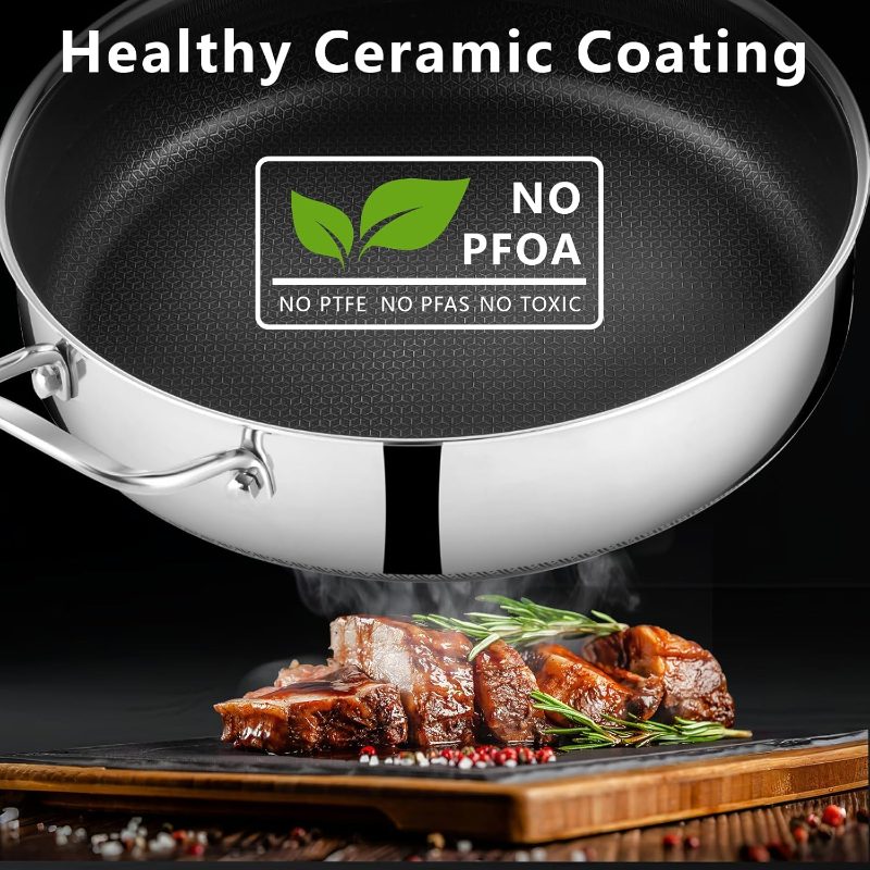 12 Inch Frying Pan Nonstick with Lid, 5.6QT Hybrid Ceramic Deep Saute Pan Skillet, Ply Stainless Steel Even Heat, PFOA\u002FPFOS Induction Oven Safe