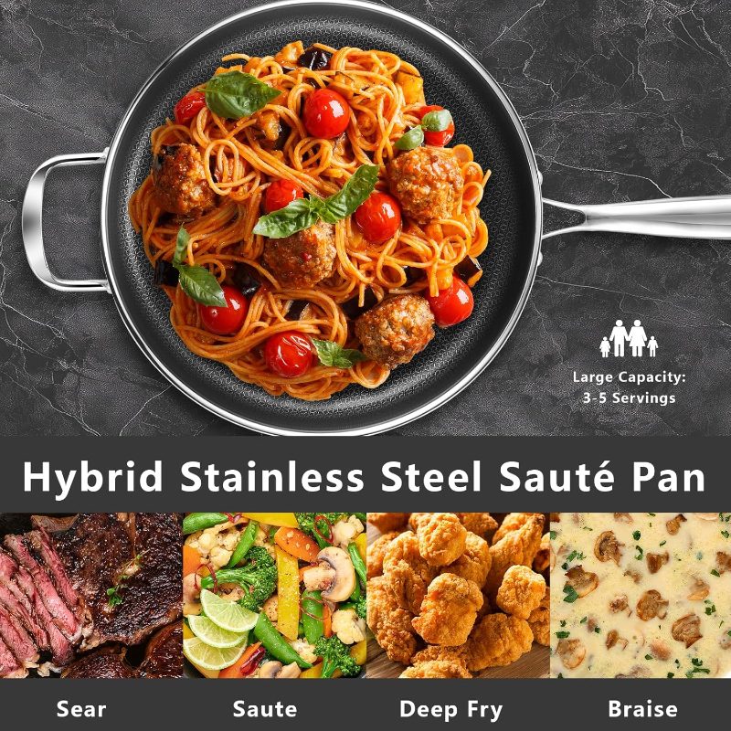 12 Inch Frying Pan Nonstick with Lid, 5.6QT Hybrid Ceramic Deep Saute Pan Skillet, Ply Stainless Steel Even Heat, PFOA\u002FPFOS Induction Oven Safe