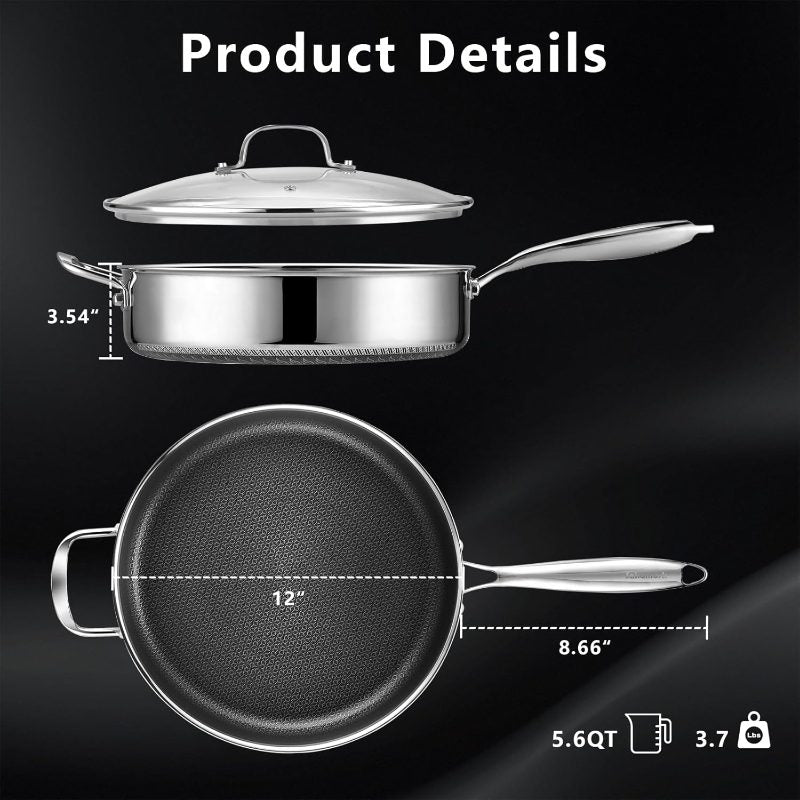12 Inch Frying Pan Nonstick with Lid, 5.6QT Hybrid Ceramic Deep Saute Pan Skillet, Ply Stainless Steel Even Heat, PFOA\u002FPFOS Induction Oven Safe