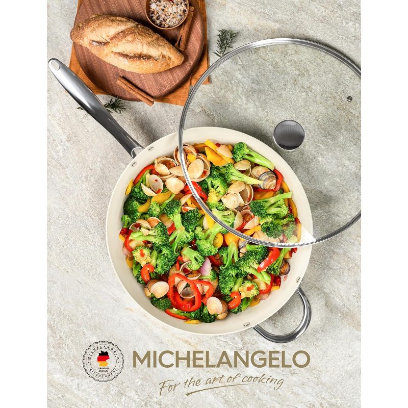 Large Frying Pan with Lid, 14 Inch Ceramic Skillet with Nonstick Coating, Healthy Non Stick Fry Pan, Induction Compatible, White