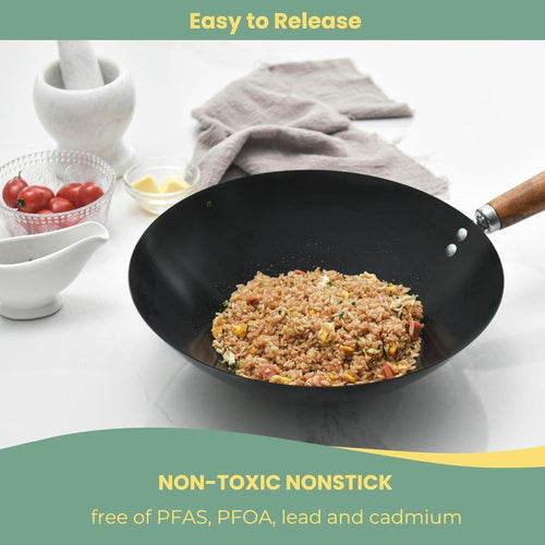 12-Inch Carbon Steel Wok Pan with Nonstick Coating - Pre-Seasoned Suitable for Stir Fry, Compatible for Induction\u002FElectric\u002FGas Stoves, PFOA\u002FPTFE-Free Fry Pan, Healthy Cookware for Asian & Quick Frying