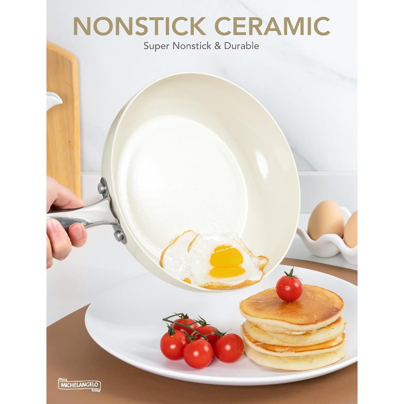 Large Frying Pan with Lid, 14 Inch Ceramic Skillet with Nonstick Coating, Healthy Non Stick Fry Pan, Induction Compatible, White