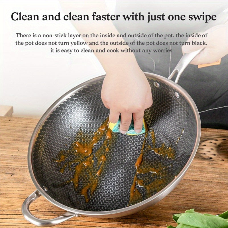 Stainless Steel Thickened Honeycomb Wok with Lid, Non-Stick, Less Smoke, Thickened Three-Layer Steel, Household Multi-Functional Cooking Wok, Non-Stick Wok, 12.6inch Honeycomb Frying Wok with Gift Box