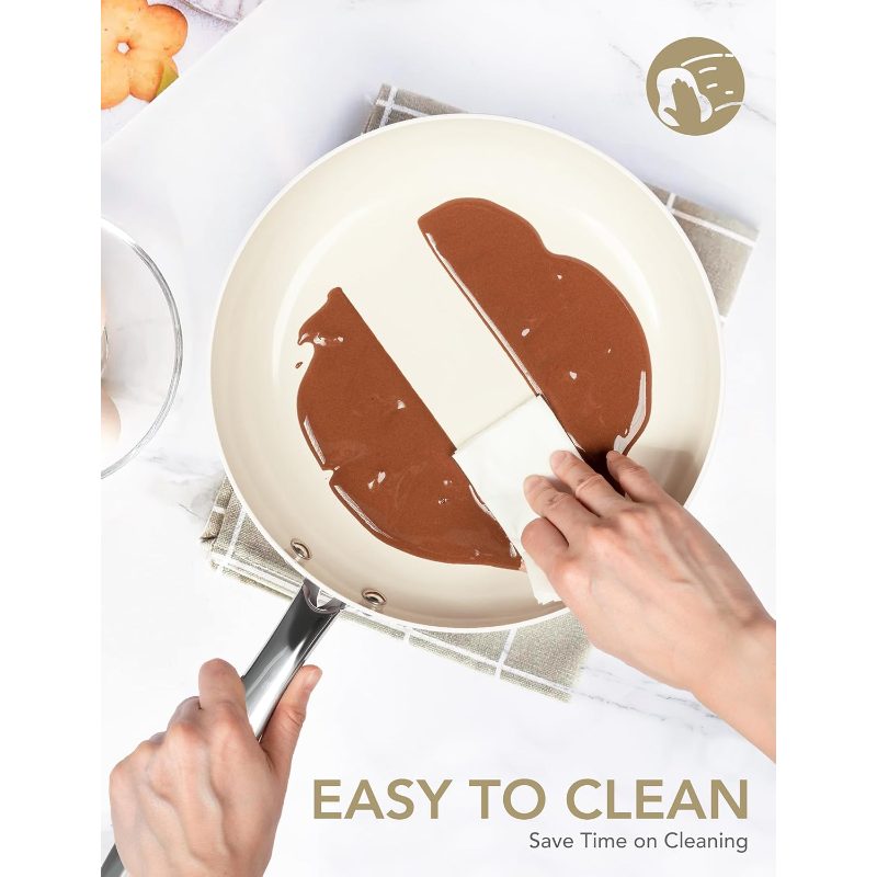 Large Frying Pan with Lid, 14 Inch Ceramic Skillet with Nonstick Coating, Healthy Non Stick Fry Pan, Induction Compatible, White