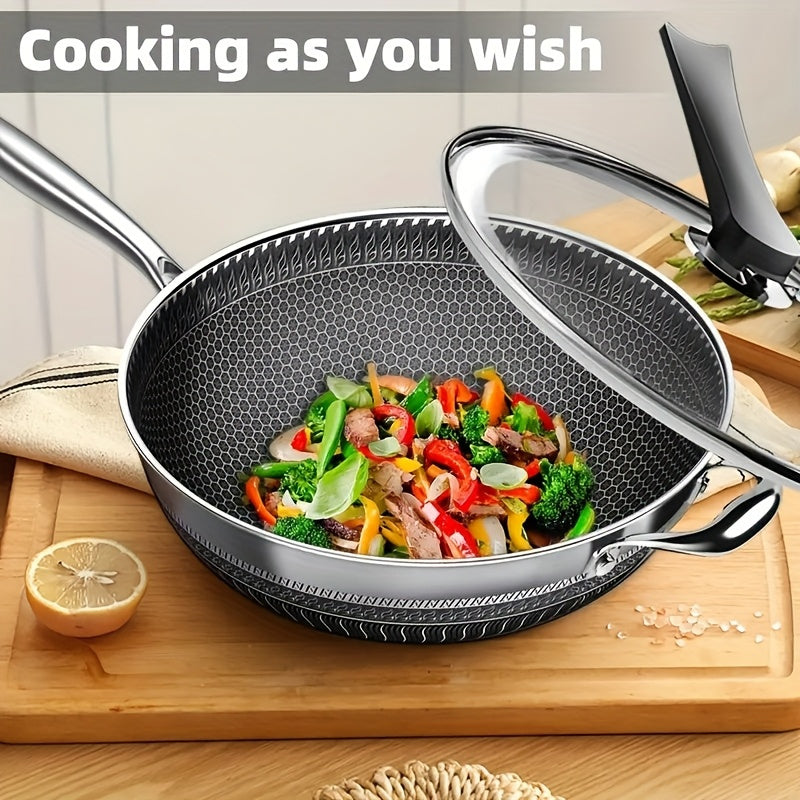 13-Inch Hybrid Stainless Steel Wok with Standing Lid & Spatula - Premium 316 Honeycomb Nonstick Stir Fry Pan, Metal Utensil Safe (Induction\u002FGas)