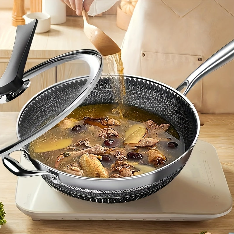 13-Inch Hybrid Stainless Steel Wok with Standing Lid & Spatula - Premium 316 Honeycomb Nonstick Stir Fry Pan, Metal Utensil Safe (Induction\u002FGas)
