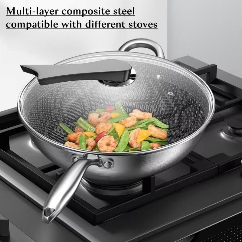 Stainless Steel Thickened Honeycomb Wok with Lid, Non-Stick, Less Smoke, Thickened Three-Layer Steel, Household Multi-Functional Cooking Wok, Non-Stick Wok, 12.6inch Honeycomb Frying Wok with Gift Box