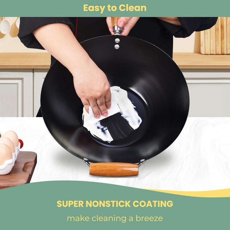 12-Inch Carbon Steel Wok Pan with Nonstick Coating - Pre-Seasoned Suitable for Stir Fry, Compatible for Induction\u002FElectric\u002FGas Stoves, PFOA\u002FPTFE-Free Fry Pan, Healthy Cookware for Asian & Quick Frying
