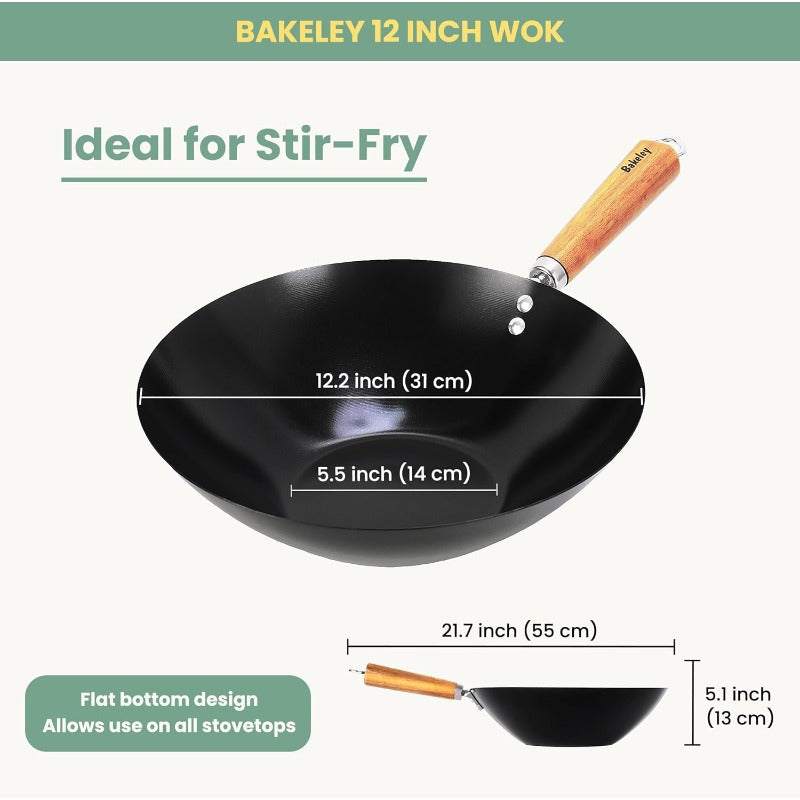 12-Inch Carbon Steel Wok Pan with Nonstick Coating - Pre-Seasoned Suitable for Stir Fry, Compatible for Induction\u002FElectric\u002FGas Stoves, PFOA\u002FPTFE-Free Fry Pan, Healthy Cookware for Asian & Quick Frying