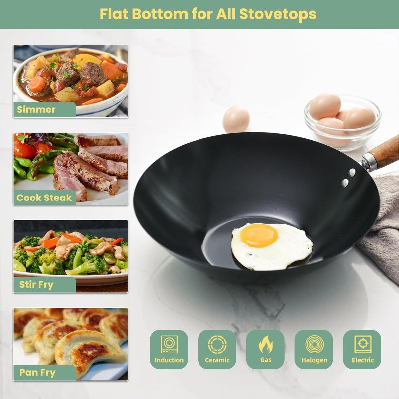 12-Inch Carbon Steel Wok Pan with Nonstick Coating - Pre-Seasoned Suitable for Stir Fry, Compatible for Induction\u002FElectric\u002FGas Stoves, PFOA\u002FPTFE-Free Fry Pan, Healthy Cookware for Asian & Quick Frying