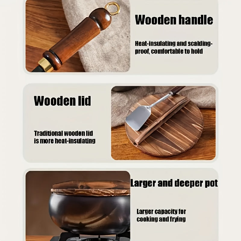 1pc Suntuup Japanese Iron Pan, 9.45 Inch Japanese Uncoated Iron Frying Pan, Small Cast Iron Frying Pan, Wok for Cooker Gas Stir Fry Pans Round Bottom with Wood Lid Suitable for Induction And Gas Stoves, Home Kitchen Cookware