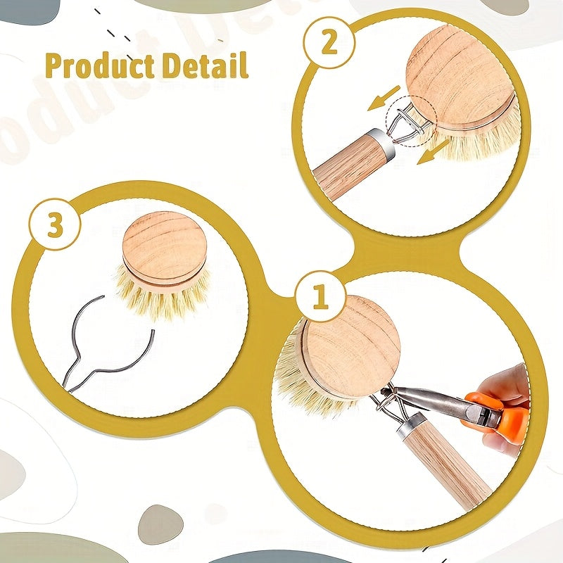 4pcs Horsehair Replaceable Pot Brush Long Handle Removable Pot Brush Brush Natural Sisal Soft Bristle Pot Brush Coconut Palm Cleaning Brush