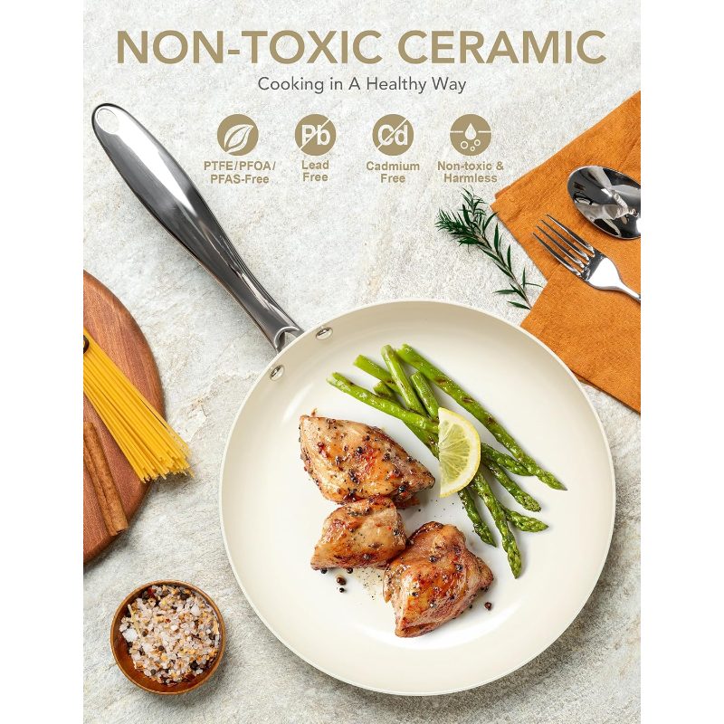 Large Frying Pan with Lid, 14 Inch Ceramic Skillet with Nonstick Coating, Healthy Non Stick Fry Pan, Induction Compatible, White