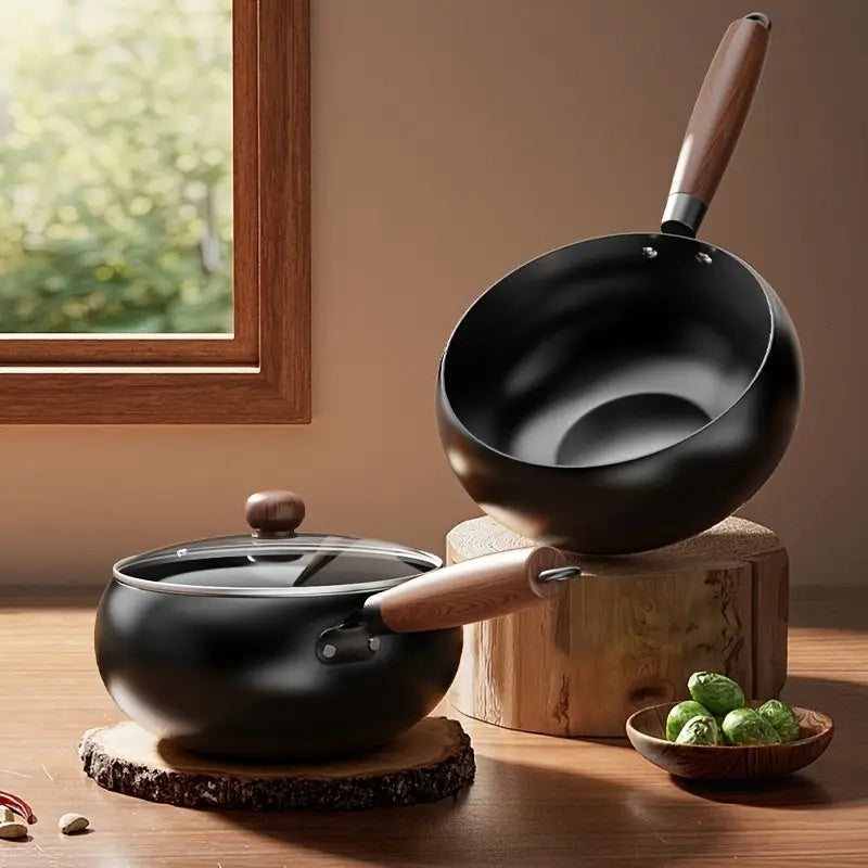 1pc Suntuup Japanese Iron Pan, 9.45 Inch Japanese Uncoated Iron Frying Pan, Small Cast Iron Frying Pan, Wok for Cooker Gas Stir Fry Pans Round Bottom with Wood Lid Suitable for Induction And Gas Stoves, Home Kitchen Cookware