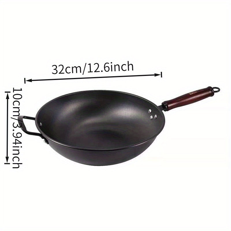 12.6-inch Cast Iron Wok with Stainless Steel Handle - Rust-Free Seasoning, Heat-Resistant & Anti-Slip Design for Gas Stoves, Outdoor Cooking & Kitchen Use