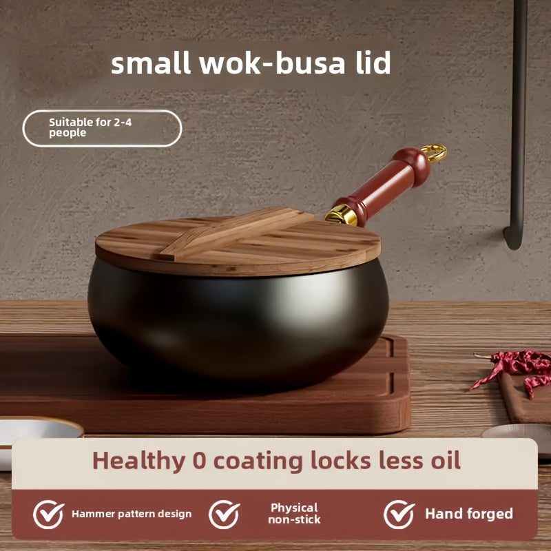 1pc Suntuup Japanese Iron Pan, 9.45 Inch Japanese Uncoated Iron Frying Pan, Small Cast Iron Frying Pan, Wok for Cooker Gas Stir Fry Pans Round Bottom with Wood Lid Suitable for Induction And Gas Stoves, Home Kitchen Cookware