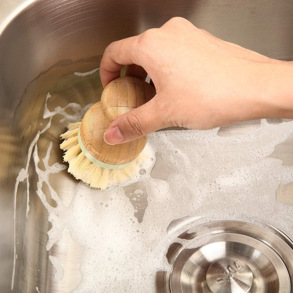 4pcs Dish Scrub Brush with Holders Wooden Round Scrubbers Stiff Bristles Pot Brushes for Wash Dishes, Pots, Pans, Kitchen Pot Pan Sink