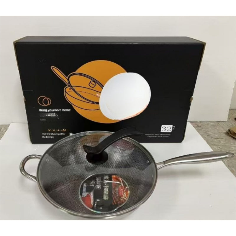 Stainless Steel Thickened Honeycomb Wok with Lid, Non-Stick, Less Smoke, Thickened Three-Layer Steel, Household Multi-Functional Cooking Wok, Non-Stick Wok, 12.6inch Honeycomb Frying Wok with Gift Box