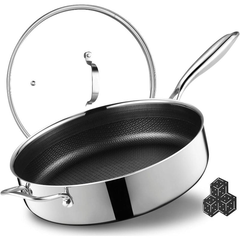 12 Inch Frying Pan Nonstick with Lid, 5.6QT Hybrid Ceramic Deep Saute Pan Skillet, Ply Stainless Steel Even Heat, PFOA\u002FPFOS Induction Oven Safe