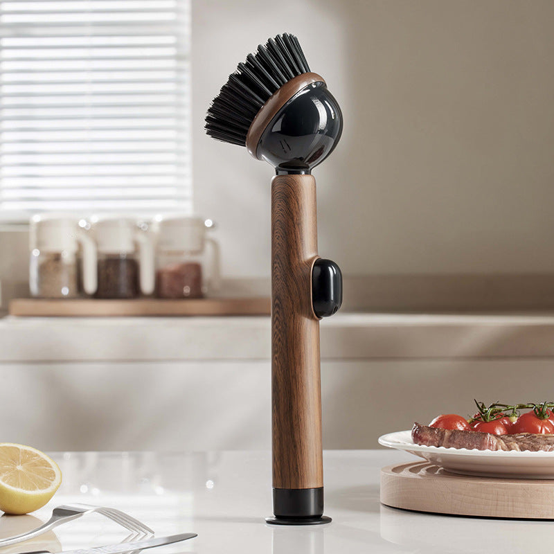 Suction Cup Vertical Pot Brush, with Wood Grain Handle | Long Handle Bowl Brush, Can Stand on Countertop, Multi-Purpose Kitchen Cleaning Tool: Ideal for Cleaning Pots, Utensils, Sinks, Stoves