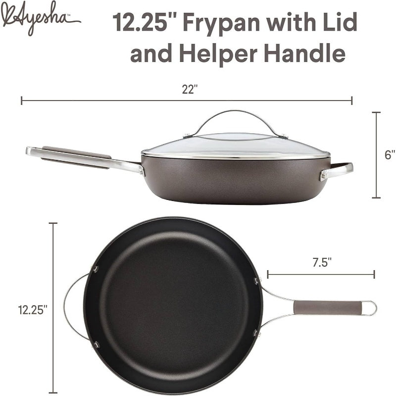 Curry Kitchenware 80293 Professional Hard Anodized Nonstick Deep Frying Pan\u002FSkillet with Lid And Helper Handle, 12.25 Inch - Charcoal Color
