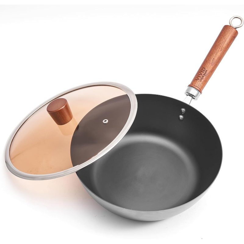Carbon Steel Wok Pan with Lid, 9.8 Inch Deep Flat Bottom Wok, Coating-Carbon Steel Pan Stir Fry, Soup, Noodles, Braising Boiling, Small Induction Wok with Wooden Handle