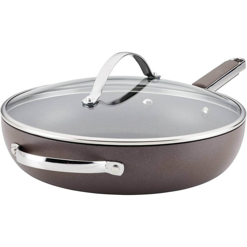 Curry Kitchenware 80293 Professional Hard Anodized Nonstick Deep Frying Pan\u002FSkillet with Lid And Helper Handle, 12.25 Inch - Charcoal Color