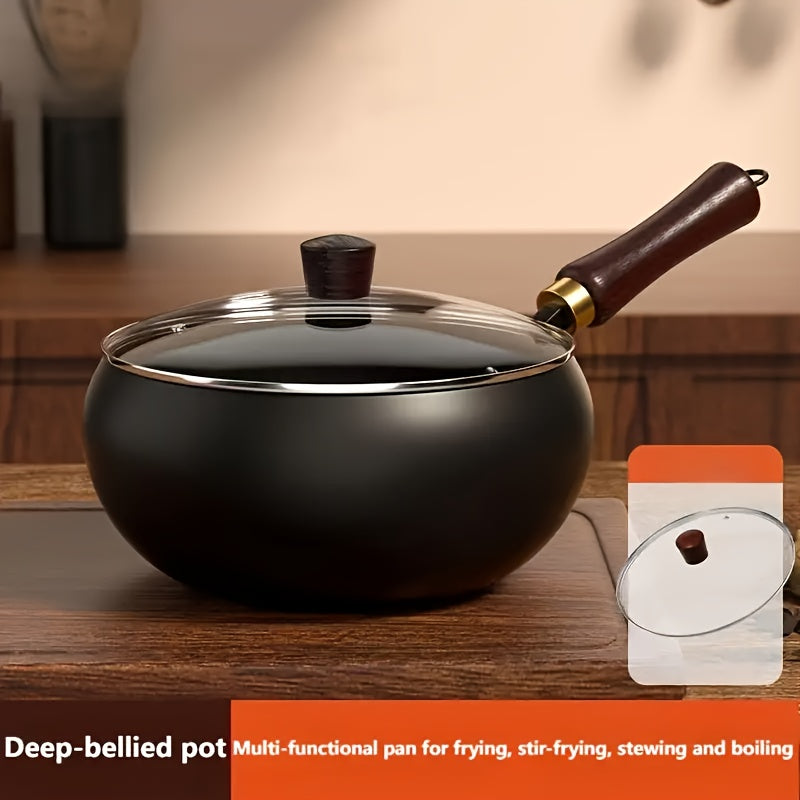 1pc Suntuup Japanese Iron Pan, 9.45 Inch Japanese Uncoated Iron Frying Pan, Small Cast Iron Frying Pan, Wok for Cooker Gas Stir Fry Pans Round Bottom with Wood Lid Suitable for Induction And Gas Stoves, Home Kitchen Cookware