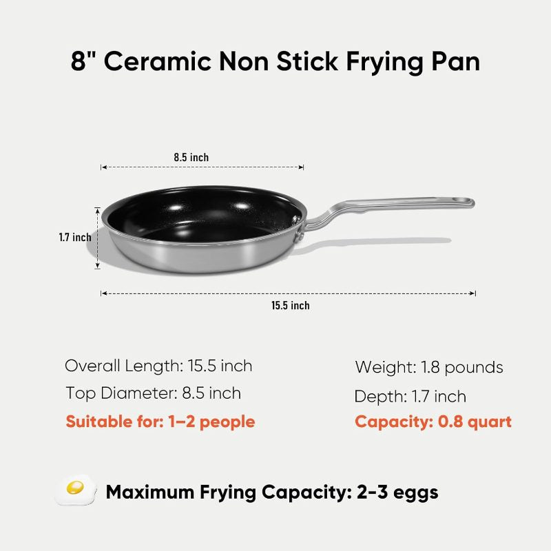 5-Ply Ceramic Non-Stick Frying Pans - 8-Inch Stainless Clad Nonstick Skillet, Professional Cookware Induction, All Stoves And Oven