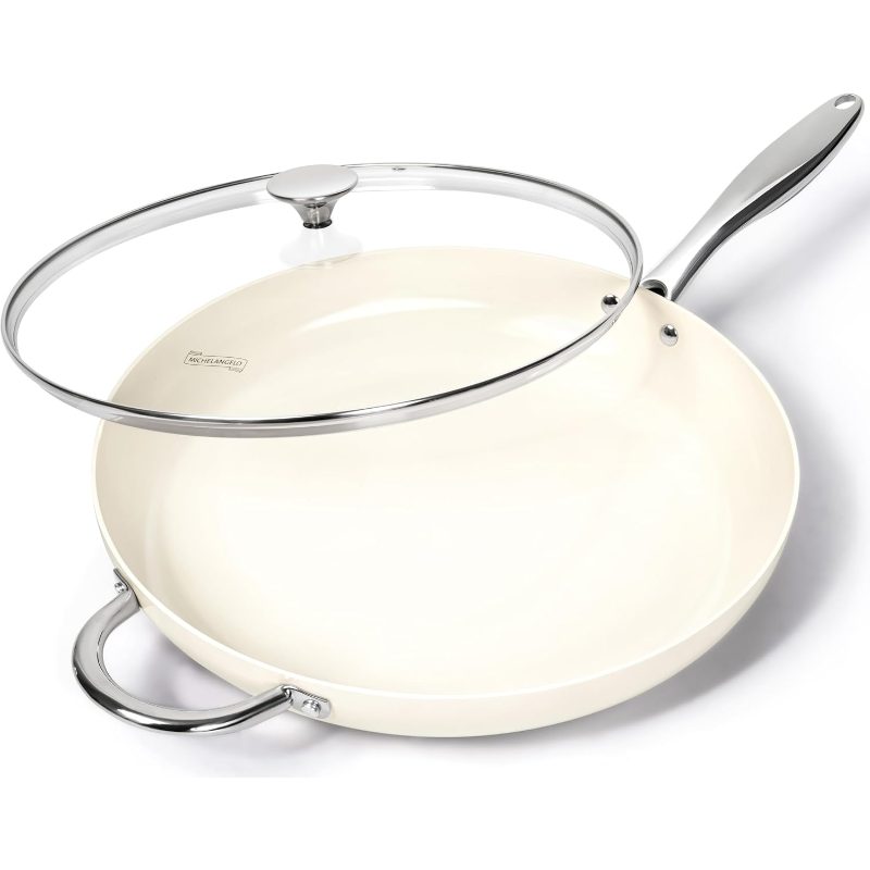 Large Frying Pan with Lid, 14 Inch Ceramic Skillet with Nonstick Coating, Healthy Non Stick Fry Pan, Induction Compatible, White